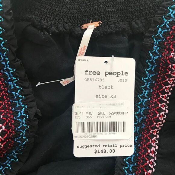 FREE PEOPLE Off The Shoulder Babydoll Tiered Mini Dress Embroidered Black XS New - Picture 7 of 13